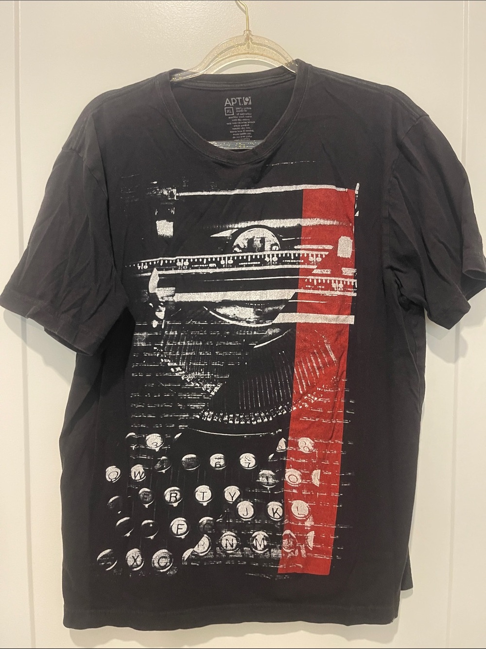 Apt. 9 Black Short-Sleeve Tee with White Typewriter Graphic and Red Stripe